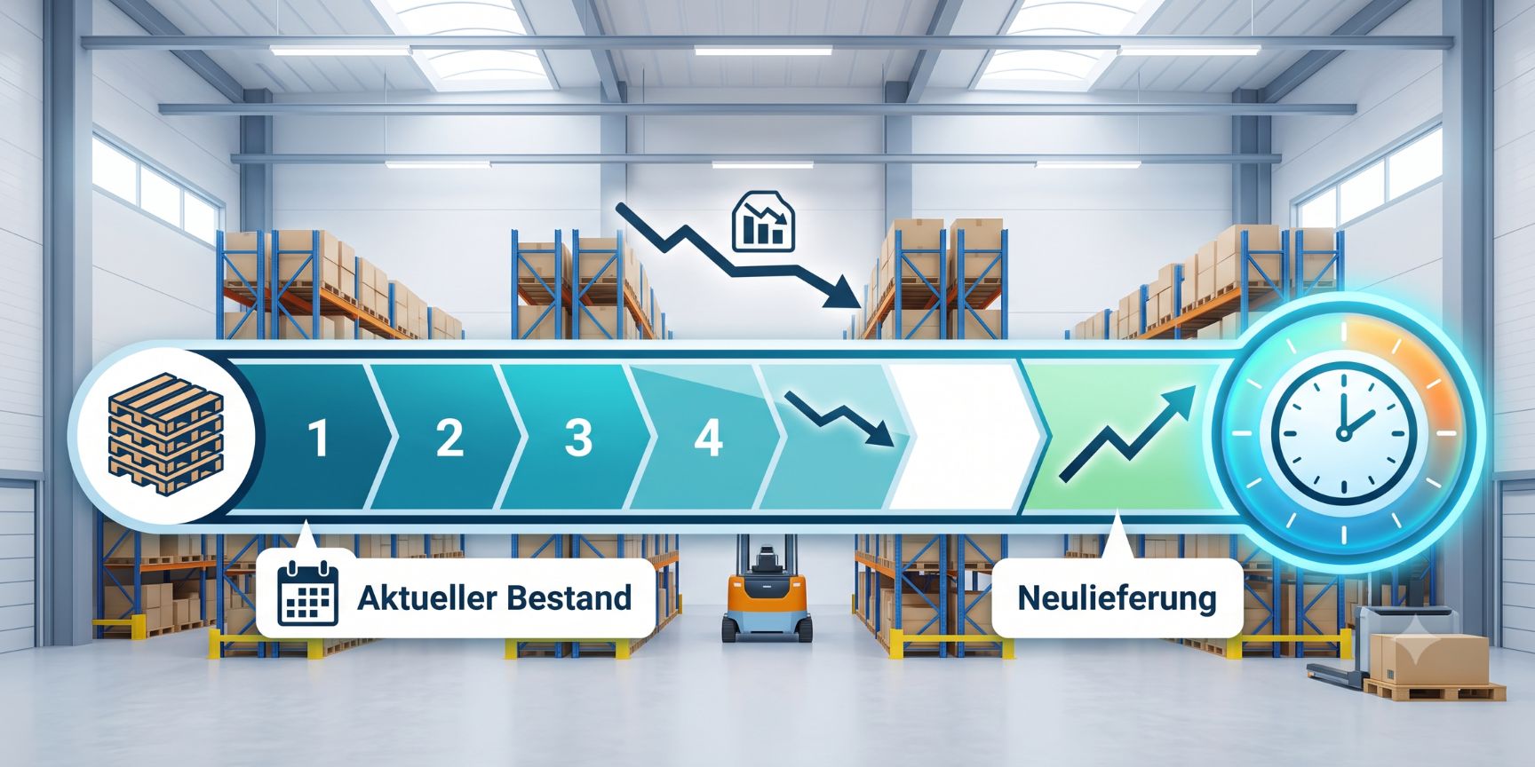 Illustrative visualization of the storage range: A segmented time bar depreserves pallets over the surface, with a clock symbol for the duration